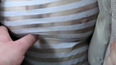 Touching tits in see-throu blouse in a market
