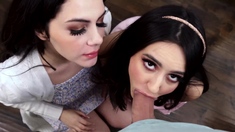 Stepsisters giving their stepbrother a double blowjob