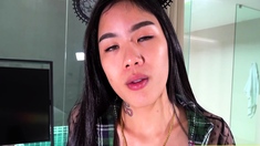 Cute Asian shemale teen in schoolgirl uniform ass fucked
