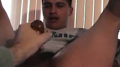 Sexy Latino boy drills his ass with a dildo and jerks his big shaft
